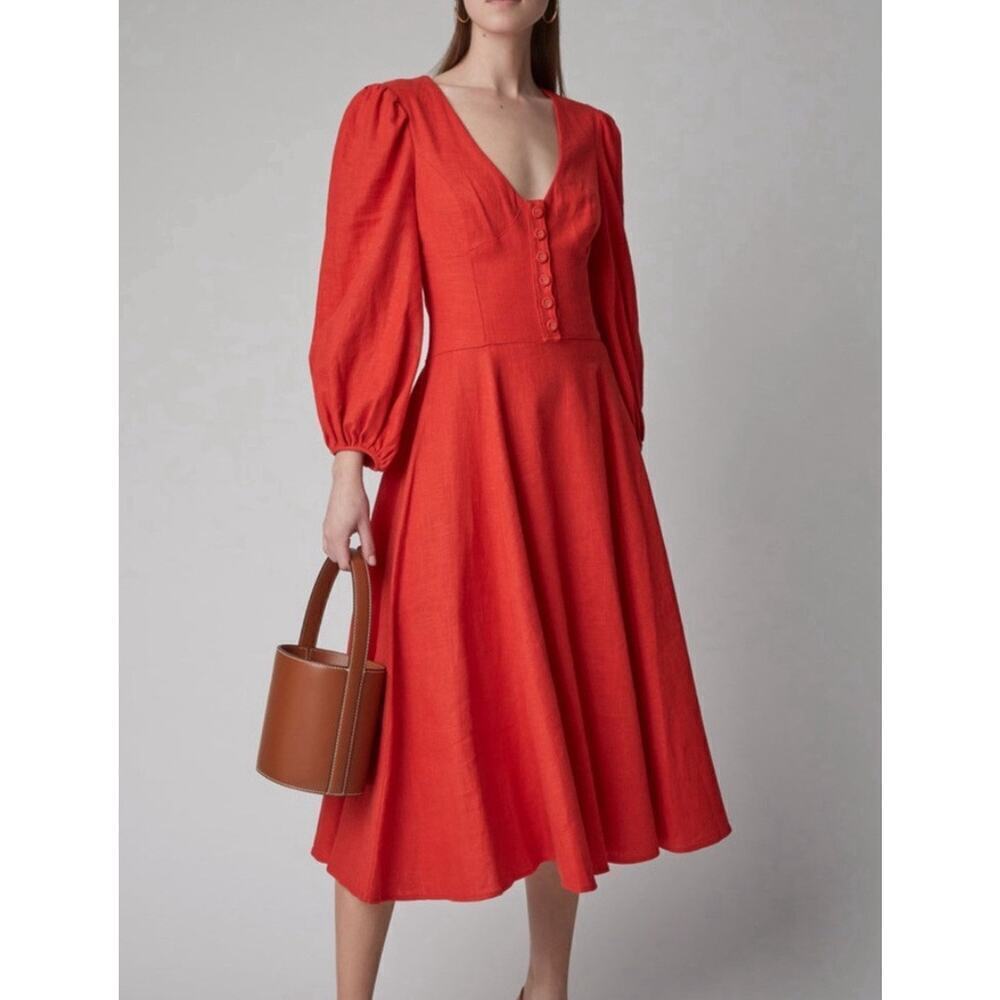 Staud Birdie Midi D Dress Red Linen Puff Sleeve Full Skirt bodice Button Front 6